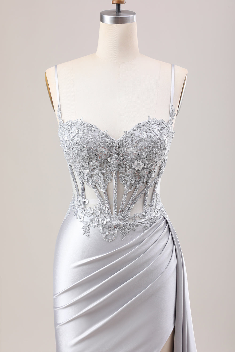 Elegant Silver Satin Mermaid Prom Dress with Spaghetti Straps and Appliques