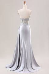 Elegant Silver Satin Mermaid Prom Dress with Spaghetti Straps and Appliques