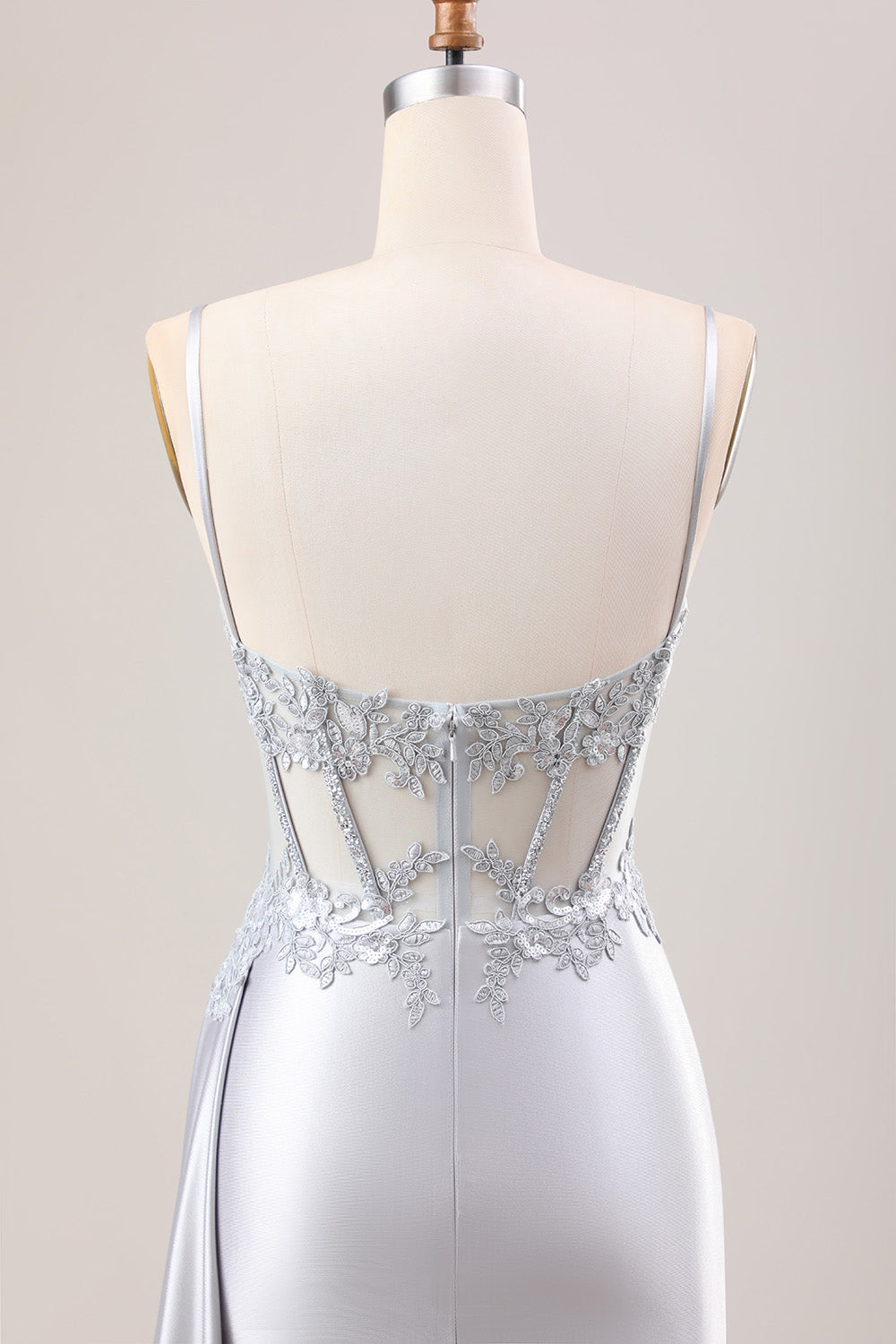 Elegant Silver Satin Mermaid Prom Dress with Spaghetti Straps and Appliques