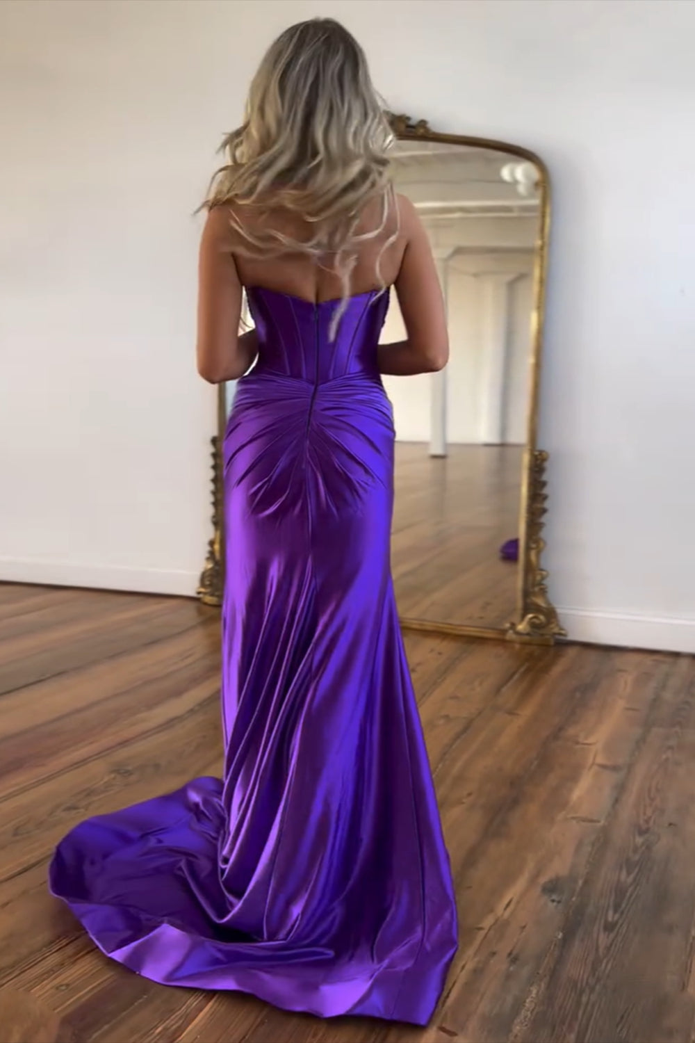 Long Purple Satin Mermaid Prom Dress with Sweetheart Corset and Split