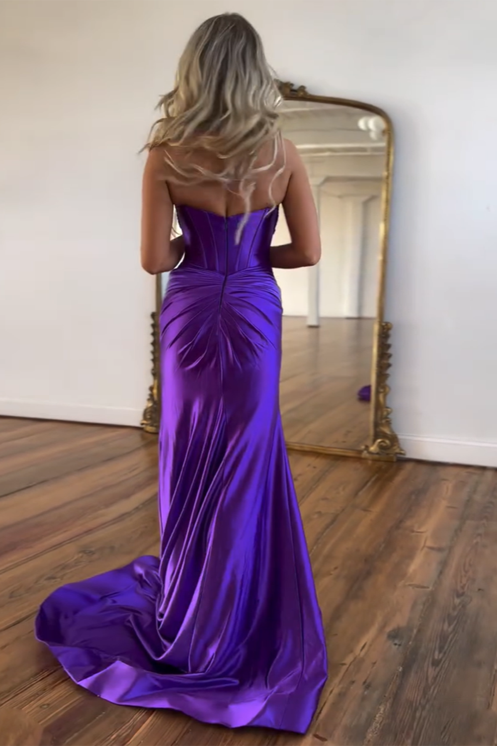 Long Sweetheart Purple Satin Mermaid Prom Dress with Corset and Split