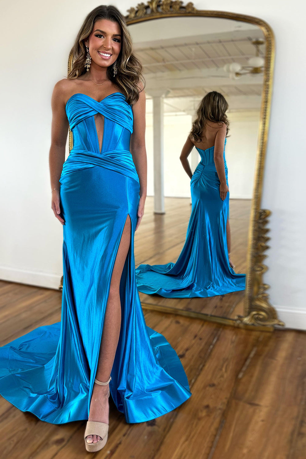 Long Purple Satin Mermaid Prom Dress with Sweetheart Corset and Split