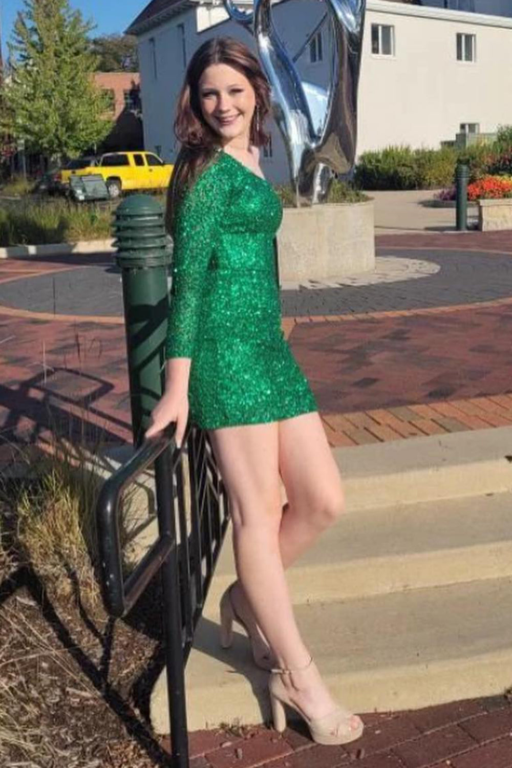 Sparkly Fuchsia One Shoulder One Sleeves Tight Short Sequins Homecoming Dress/Mini Dress