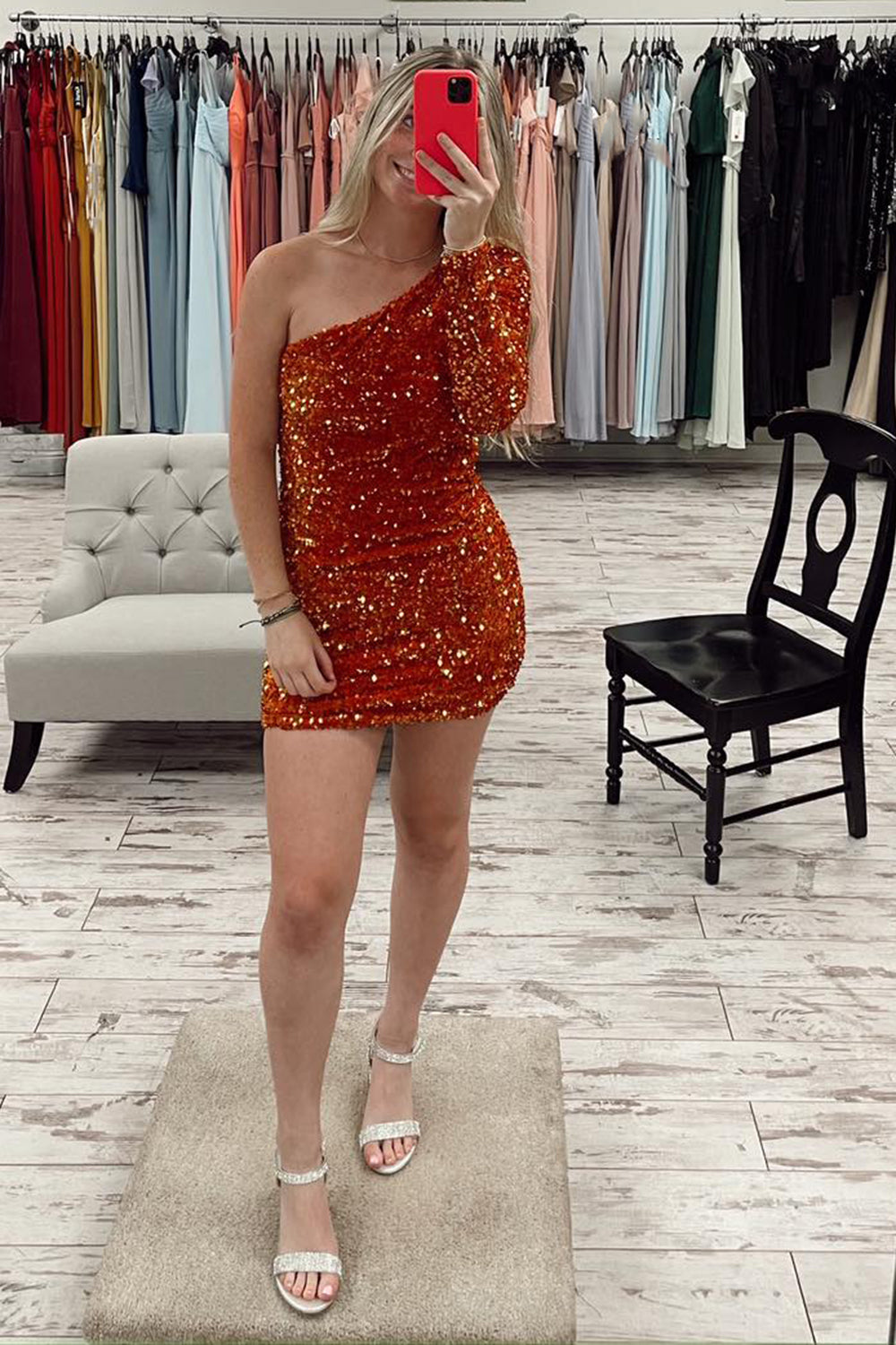 Sparkly Fuchsia One Shoulder One Sleeves Tight Short Sequins Homecoming Dress/Mini Dress