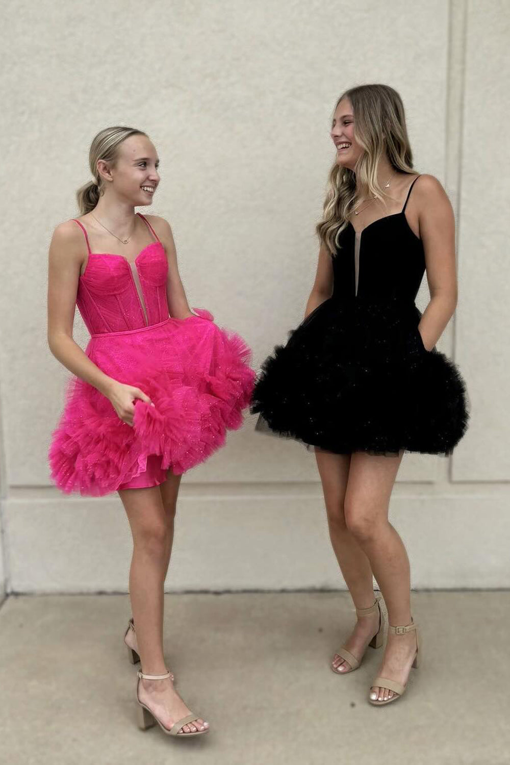 Glitter Pink Corset Tulle A-Line Tulle Short Homecoming Dress/Mini Dress With Pocket