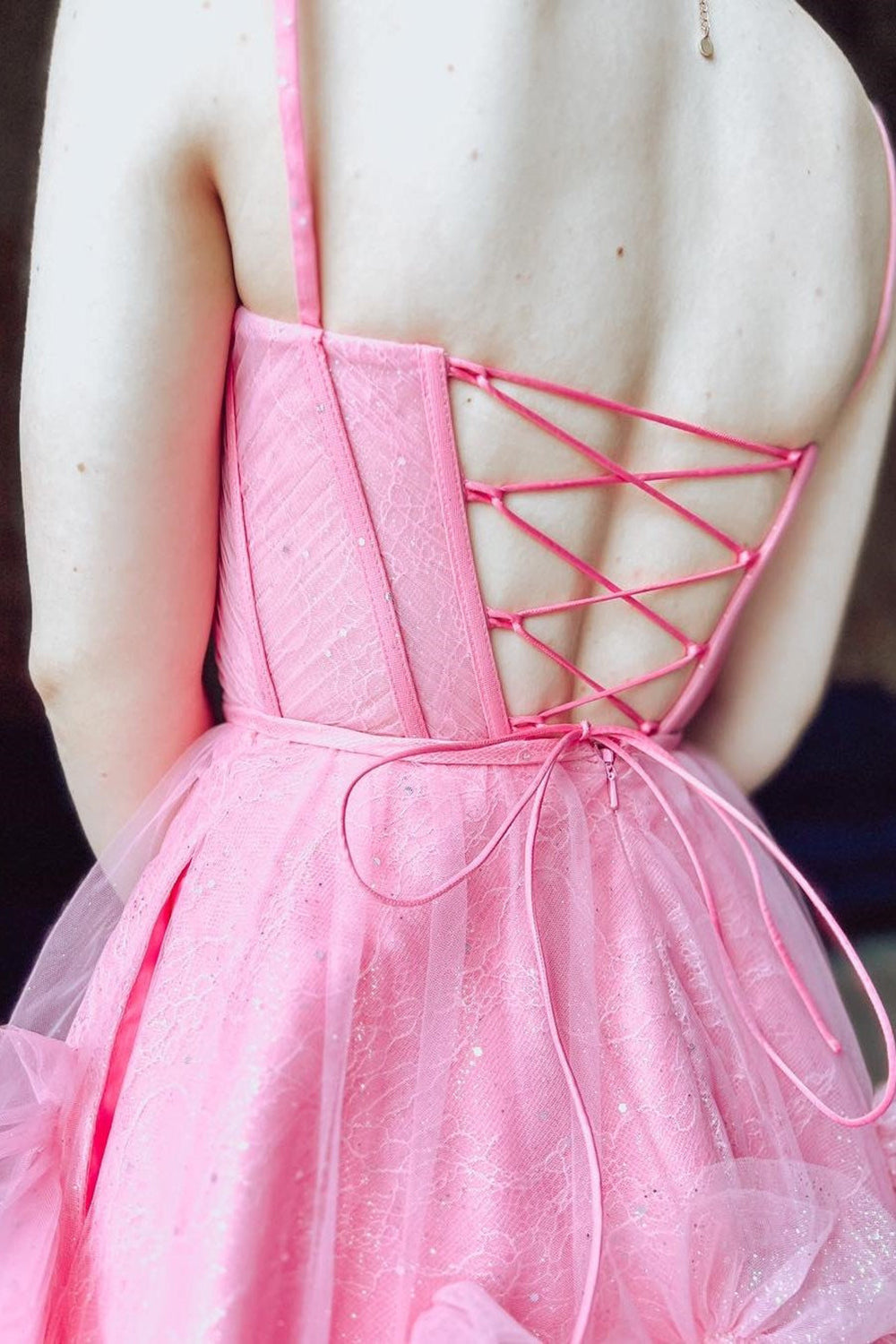 Glitter Pink Corset Tulle A-Line Tulle Short Homecoming Dress/Mini Dress With Pocket