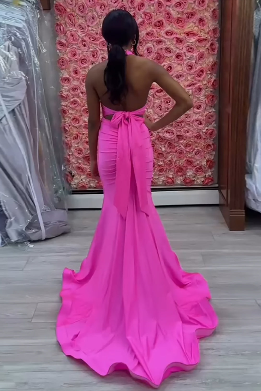 Elegant Light Blue Satin Mermaid Prom Dress with Halter Neck and Backless Design