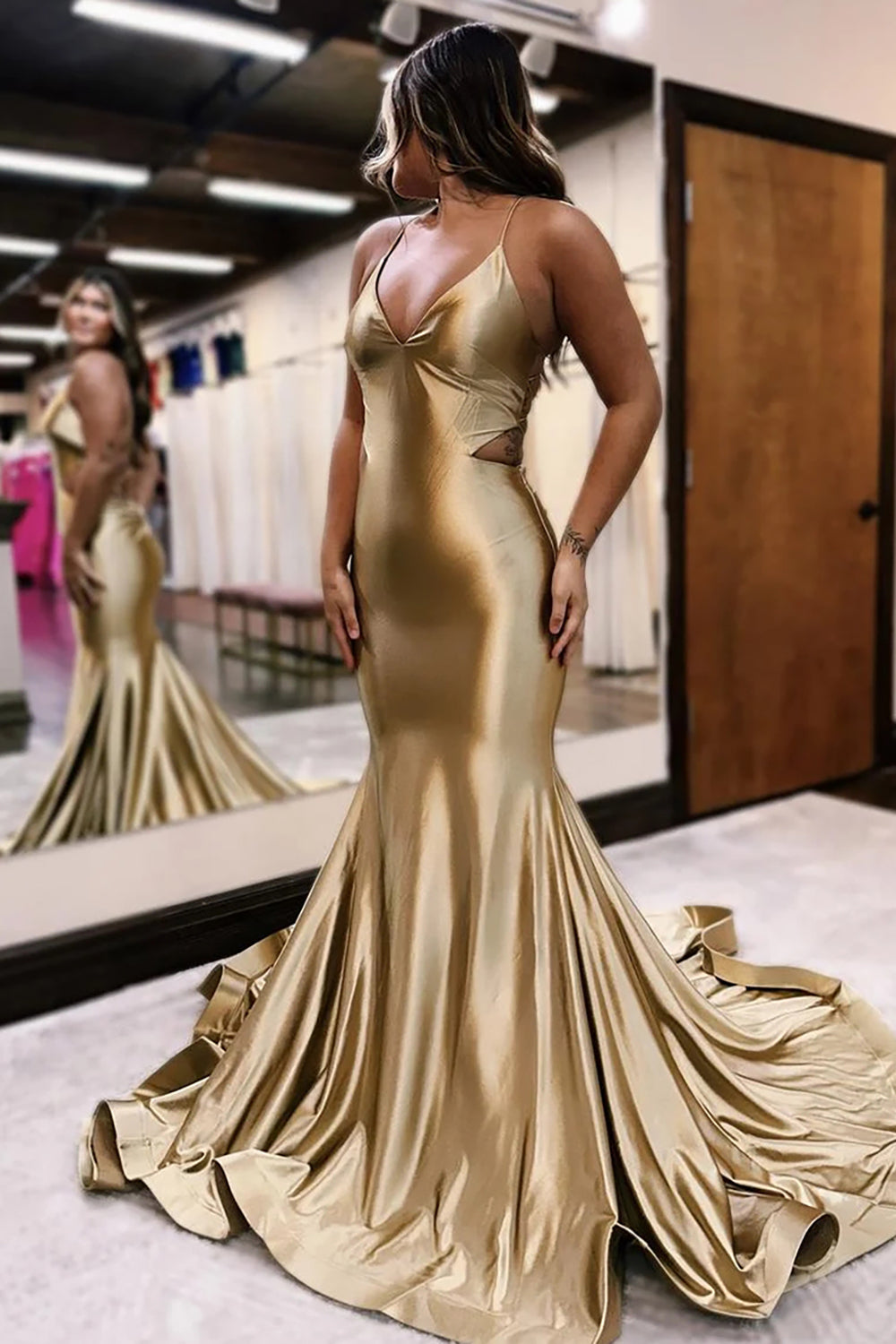 Satin Mermaid Prom Dress with Golden Spaghetti Straps and Cut-out Detail