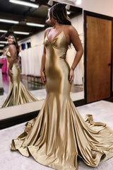 Satin Mermaid Prom Dress with Golden Spaghetti Straps and Cut-out Detail