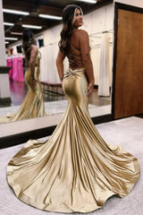 Satin Mermaid Prom Dress with Golden Spaghetti Straps and Cut-out Detail