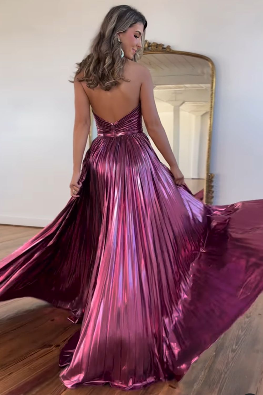 Long A-Line Pleated Prom Dress with Metallic Blush Halter Neck and Slit