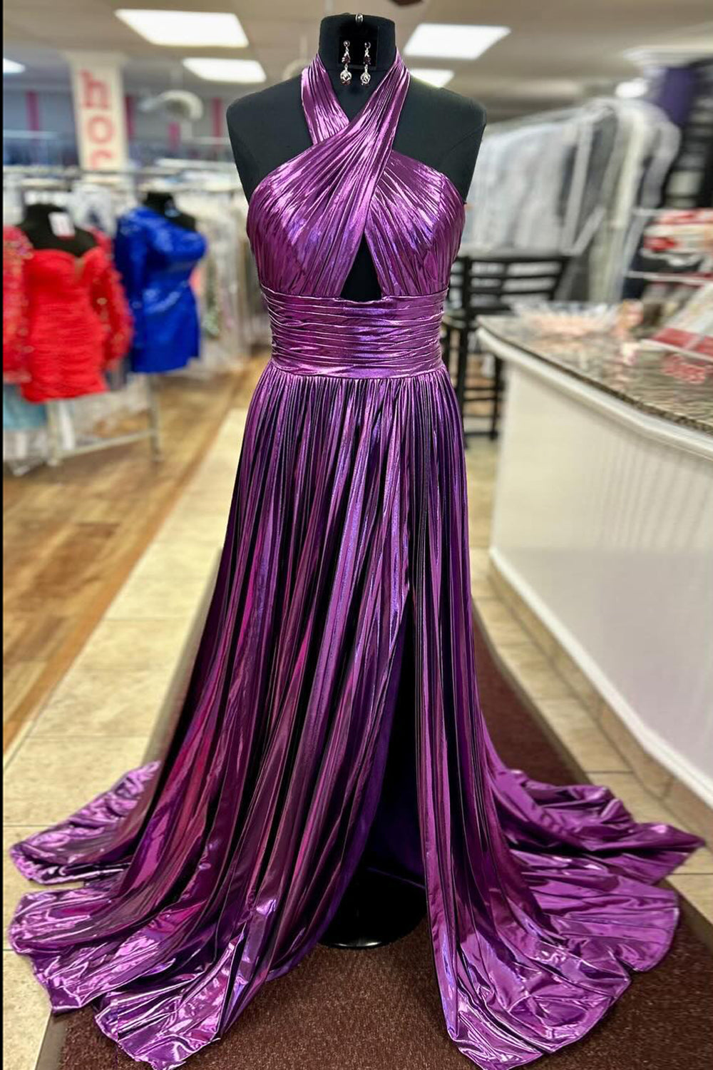 Long A-Line Pleated Prom Dress with Metallic Blush Halter Neck and Slit