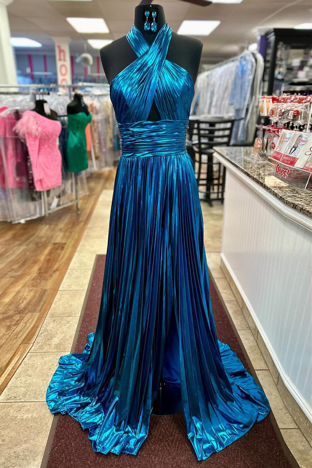 Long A-Line Pleated Prom Dress with Metallic Blush Halter Neck and Slit