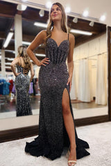 Fuchsia Mermaid Prom Dress with Sparkly Beading and Spaghetti Straps