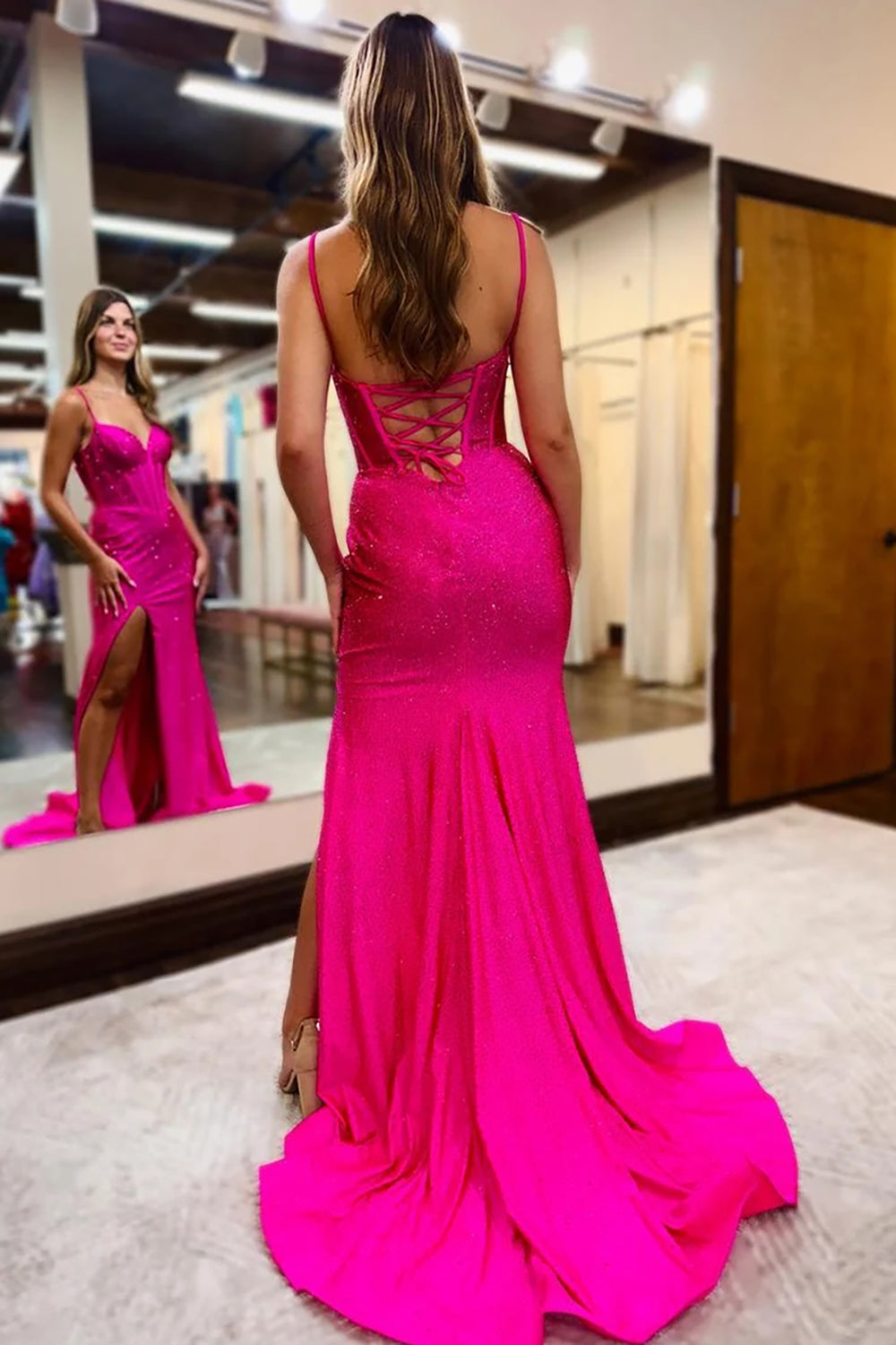 Fuchsia Mermaid Prom Dress with Sparkly Beading and Spaghetti Straps