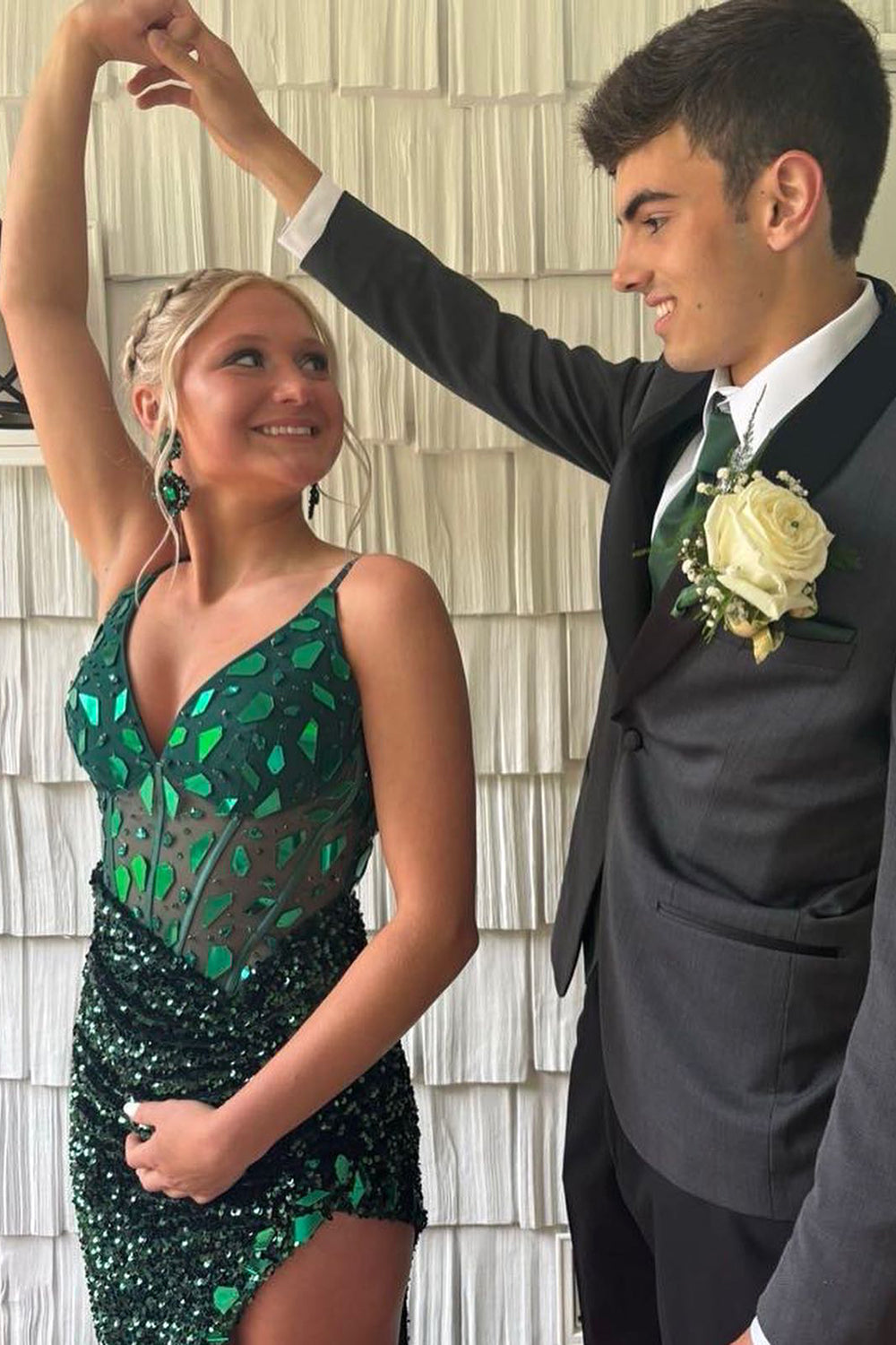 Long Corset Prom Dress in Emerald Green with Mermaid Sequins and Spaghetti Straps Featuring a Slit