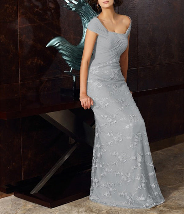 Off-The-Shoulder Short Sleeve A-Line Chiffon Mother Of The Bride Dress with Lace Appliques Tea-Length