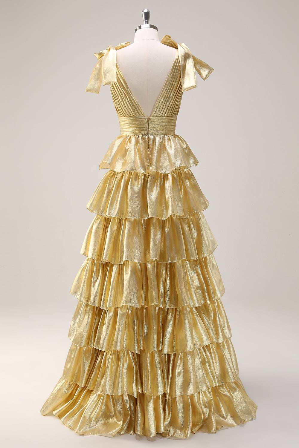 Pink Ruffled Prom Dress with Deep V Neckline in A-Line Style