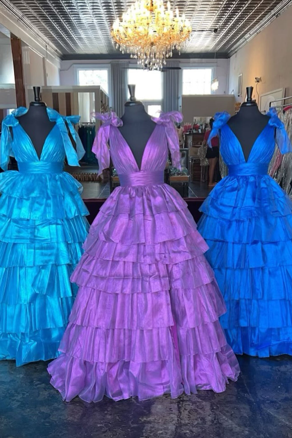 Pink Ruffled Prom Dress with Deep V Neckline in A-Line Style