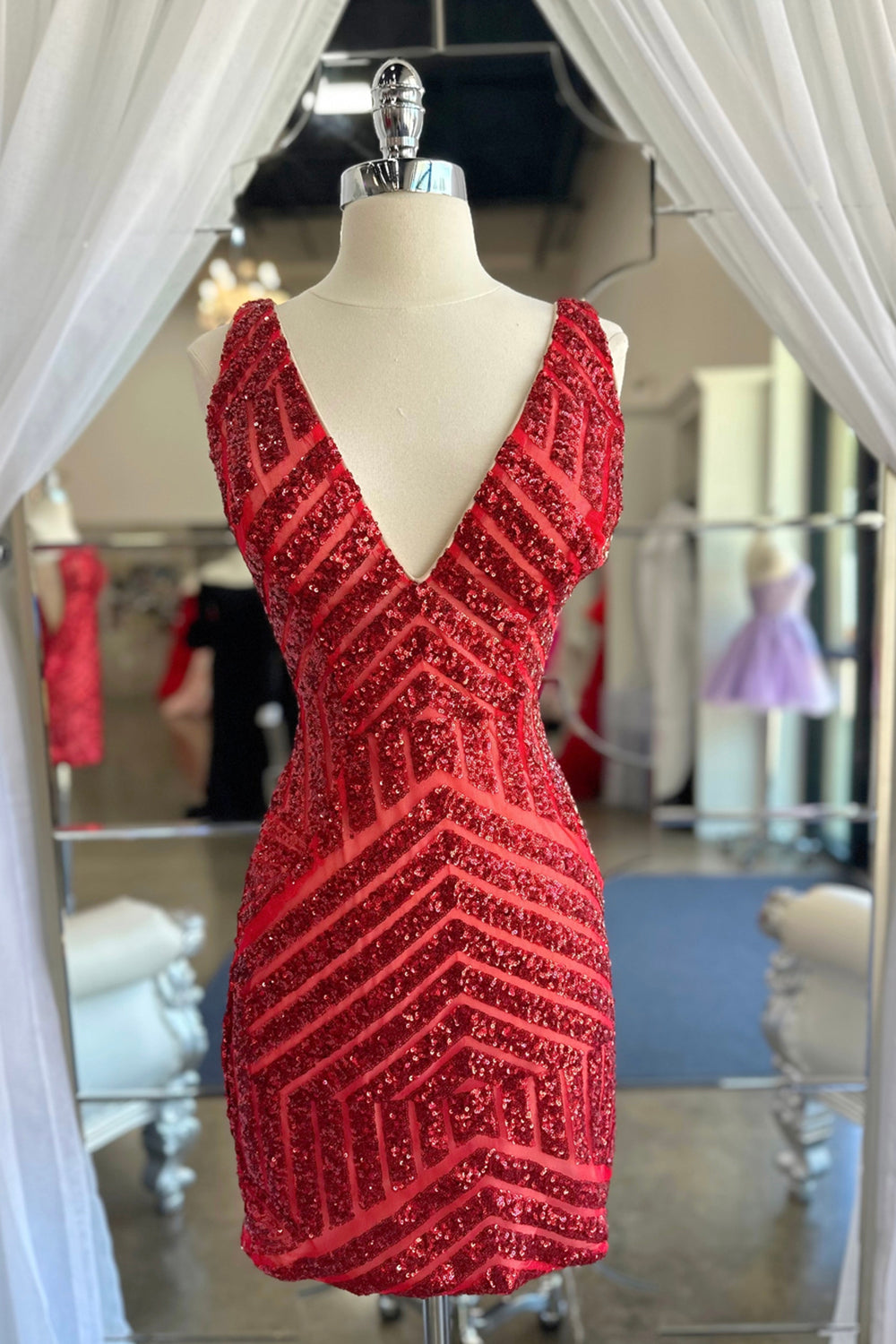 White Sequins V-Neck Tight Homecoming Dress/Mini Dress