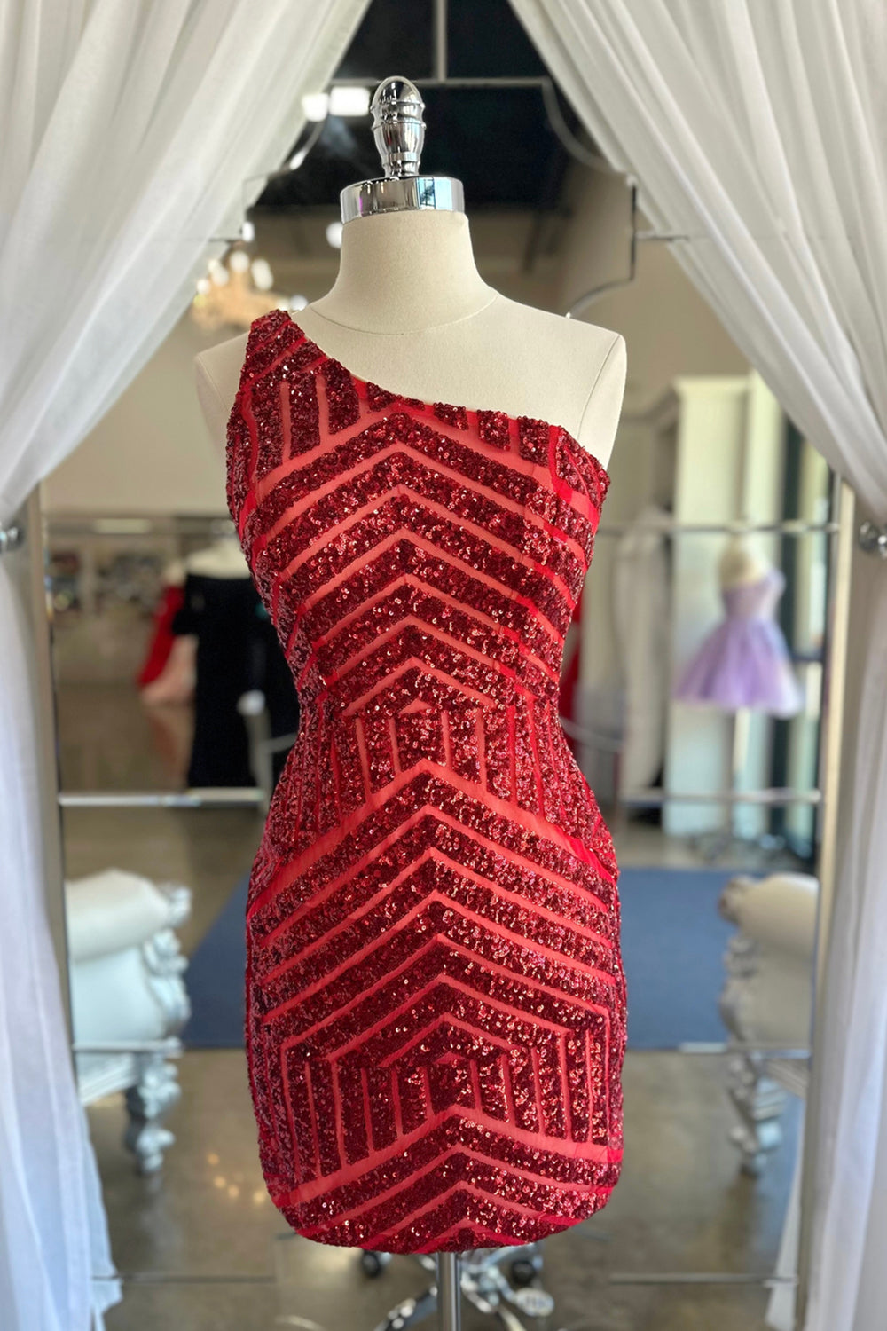 Fuchsia One Shoulder Sequins Tight Short Homecoming Dress/Mini Dress