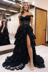 Off the Shoulder Grey Blue Long Corset Prom Dress in A-Line Tulle with Tiered Slit