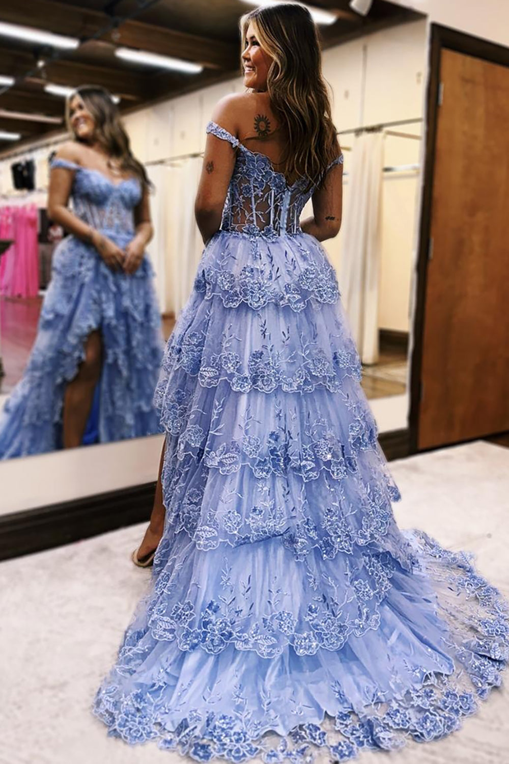 Off the Shoulder Grey Blue Long Corset Prom Dress in A-Line Tulle with Tiered Slit