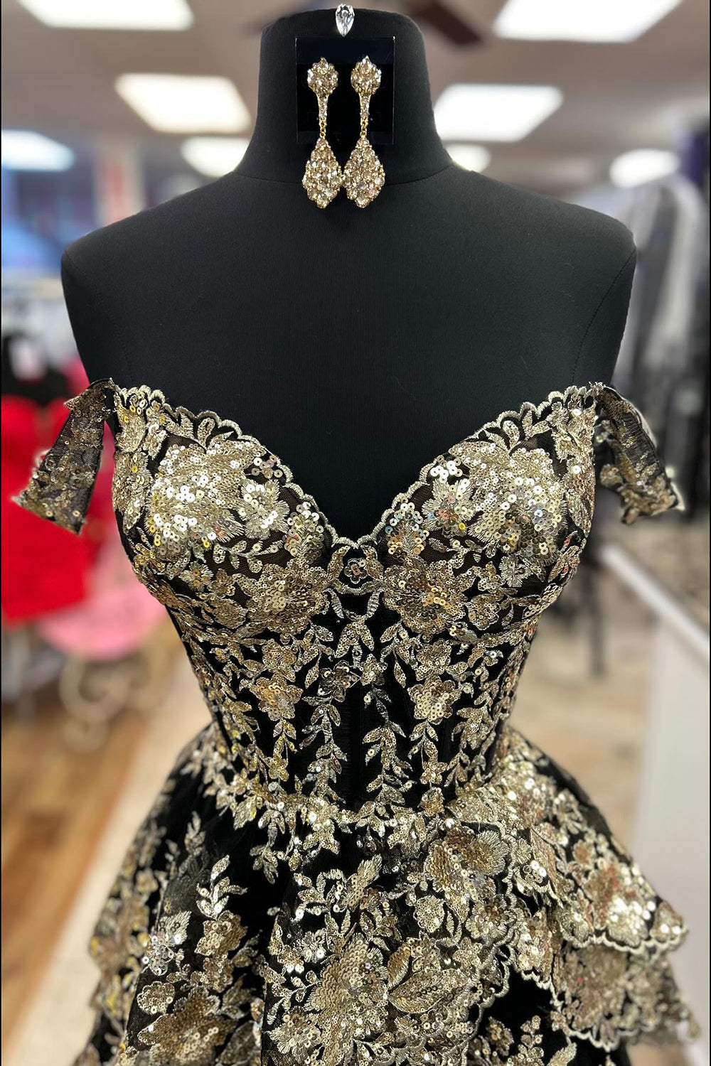 Long Tiered Off-the-Shoulder Corset Prom Dress in Fuchsia with Sequins for Princesses