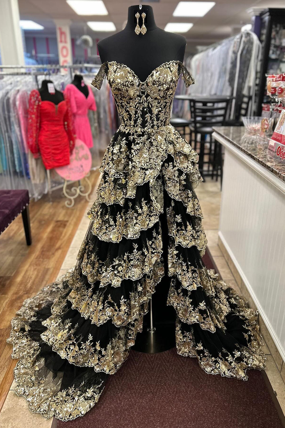Long Tiered Off-the-Shoulder Corset Prom Dress in Fuchsia with Sequins for Princesses