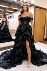 Off the Shoulder Long Corset Prom Dress in Grey Blue with A-Line Tiered Design and Slit