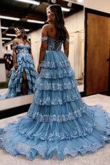 Off the Shoulder Long Corset Prom Dress in Grey Blue with A-Line Tiered Design and Slit
