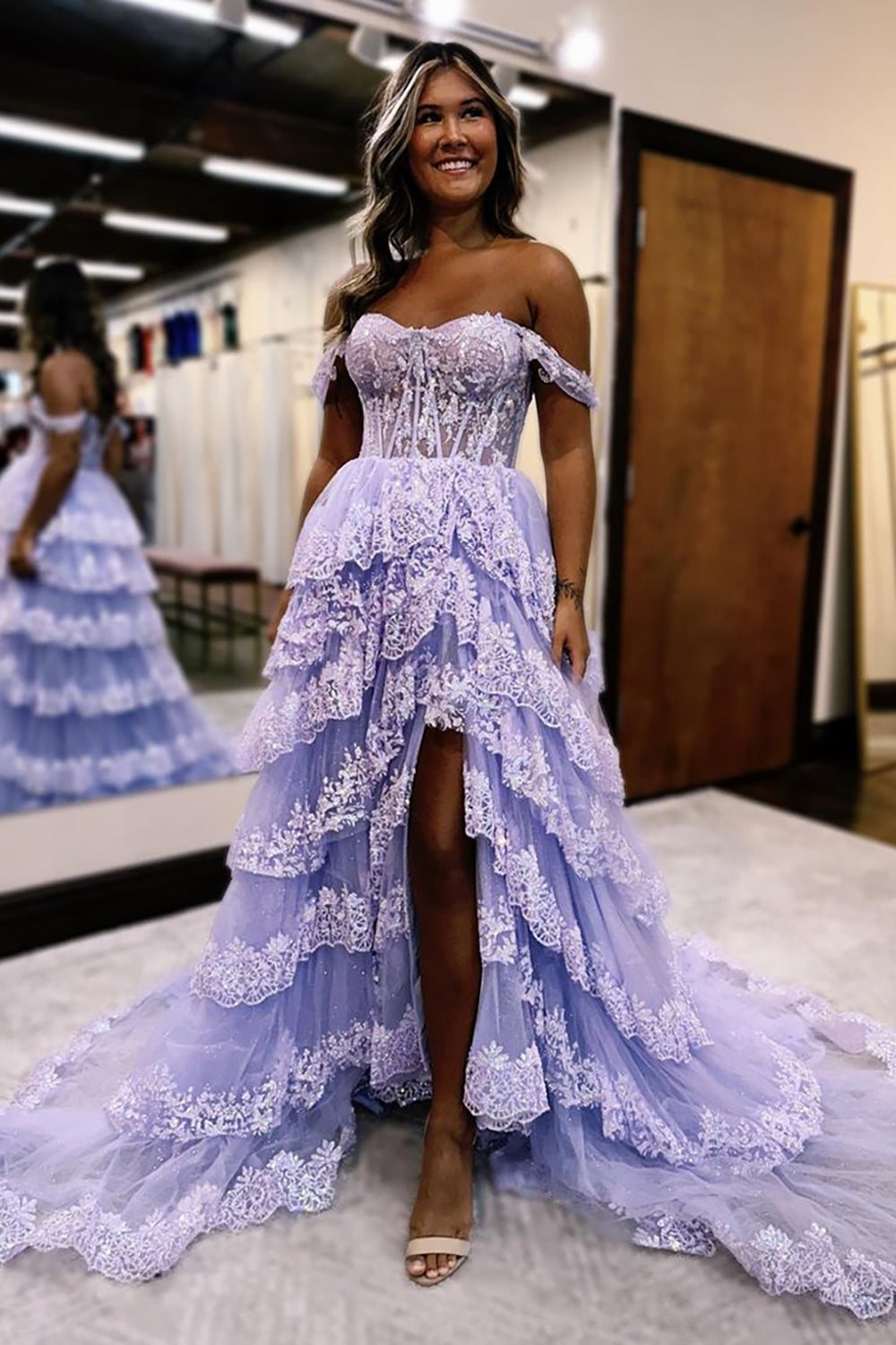 Off the Shoulder Long Corset Prom Dress in Grey Blue with A-Line Tiered Design and Slit