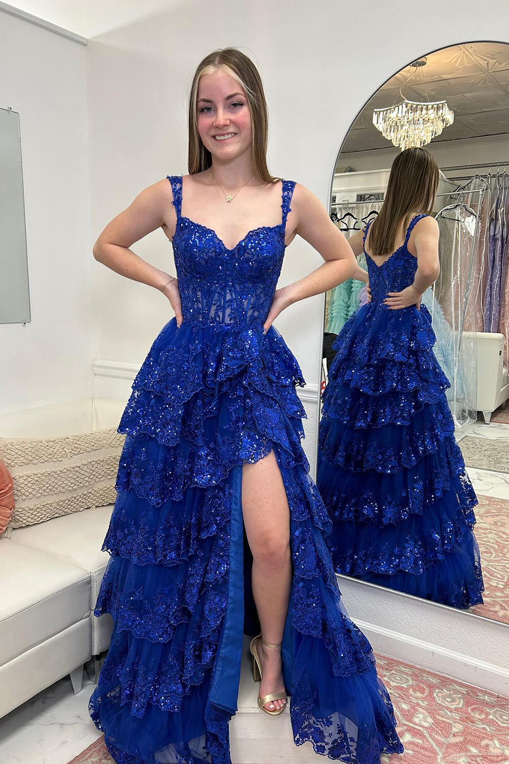 Long Tiered Off-the-Shoulder Corset Prom Dress in Fuchsia with Sequins for Princesses