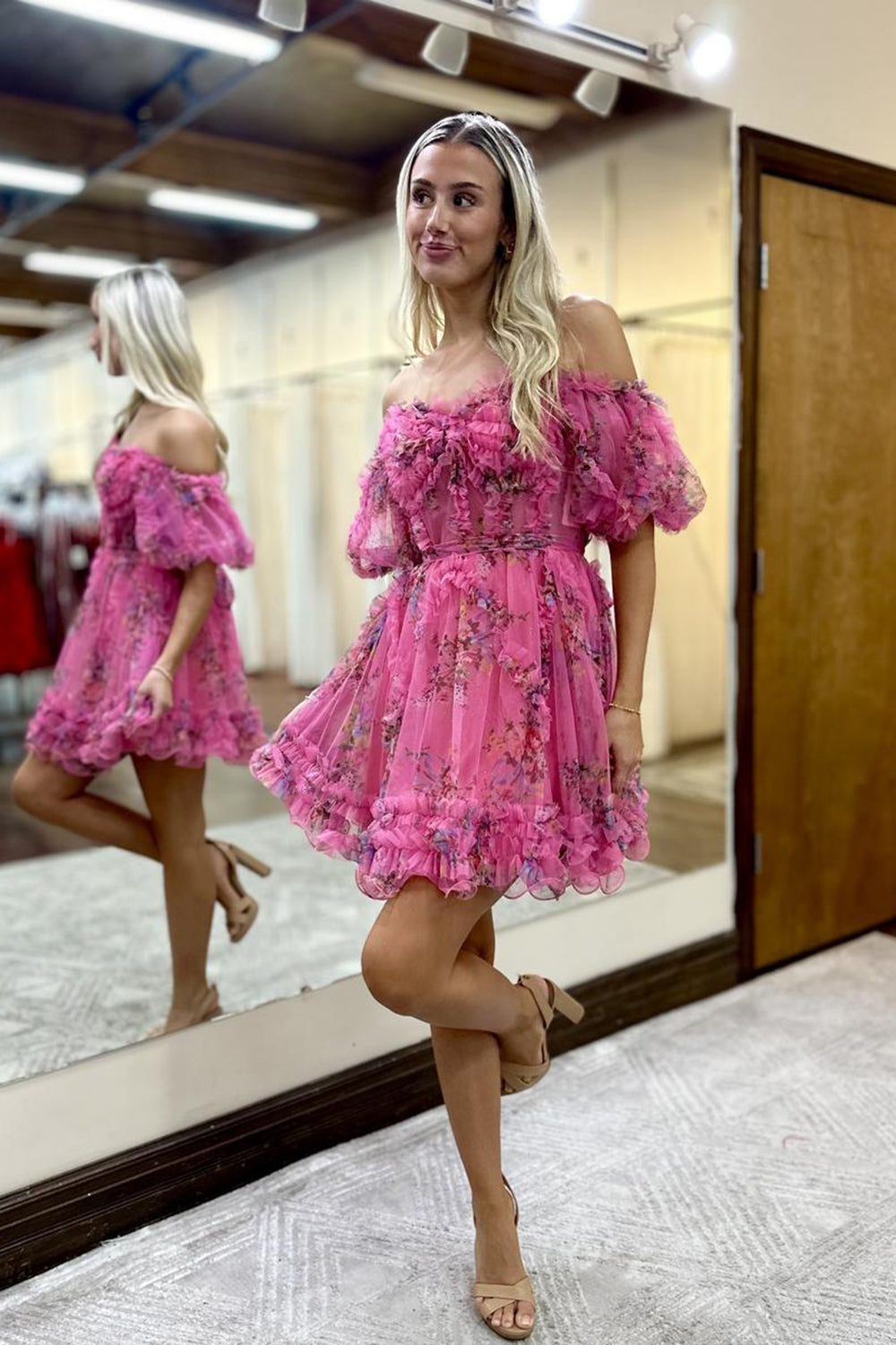 Green Off the Shoulder Printed Tiered A Line Short Homecoming Dress/Mini Dress