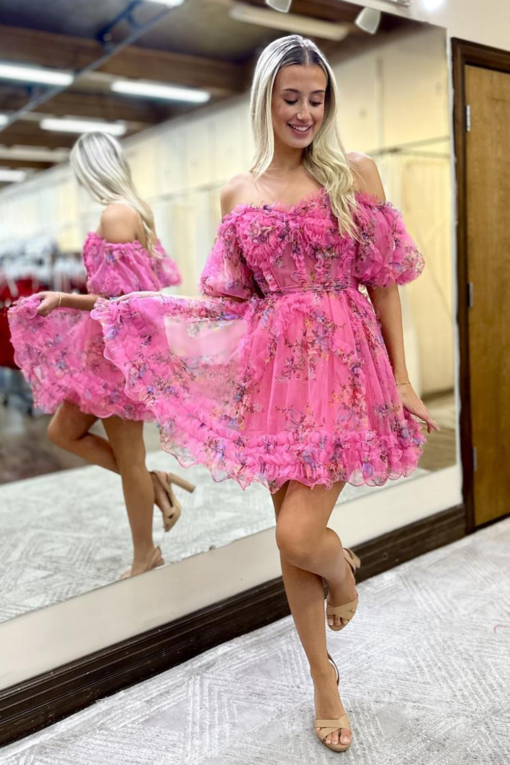 Ivory Floral A-Line Short Homecoming Dress/Mini Dress