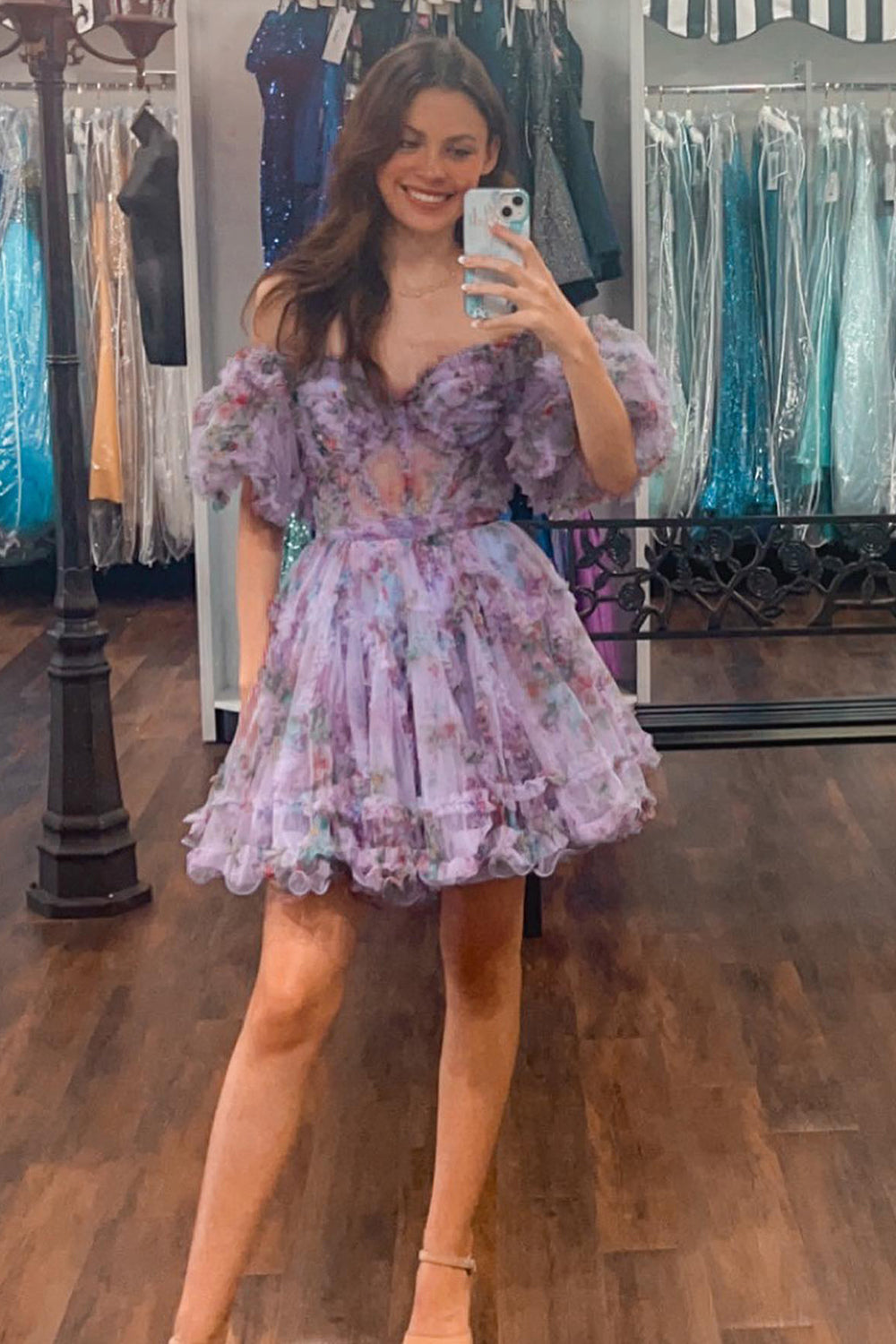 Ivory Floral A-Line Short Homecoming Dress/Mini Dress