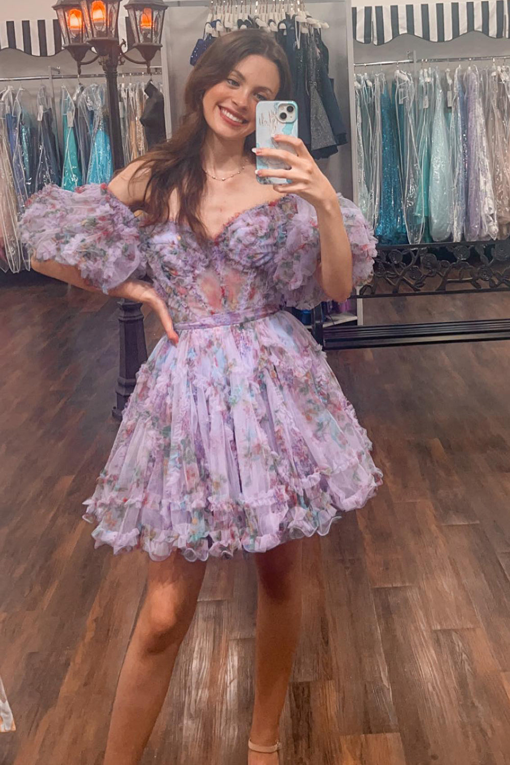 Fuchsia Floral A-Line Short Homecoming Dress/Mini Dress