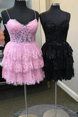 Sparkly Pink Corset Top Spaghetti Straps A-Line Lace Short Homecoming Dress/Mini Dress