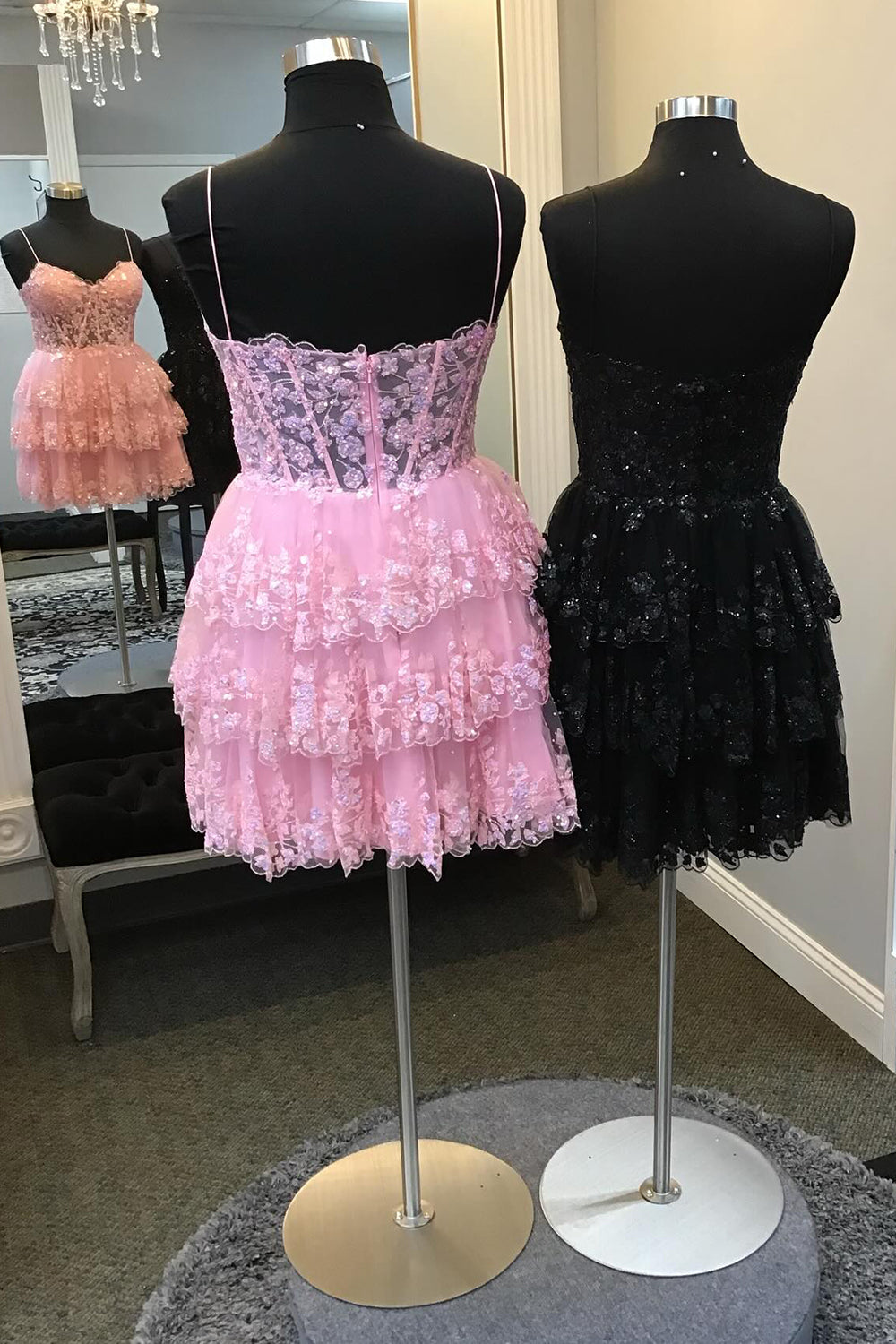 Sparkly Red Corset Top Spaghetti Straps A-Line Lace Short Homecoming Dress/Mini Dress