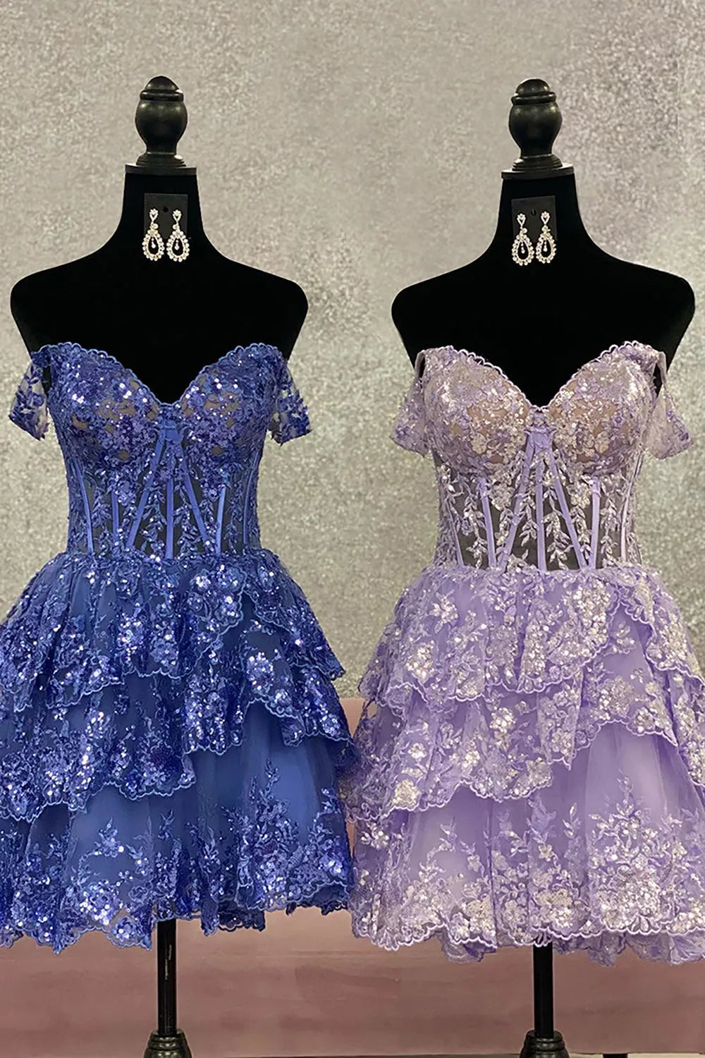 Glitter Fuchsia Tiered A-Line Short Lace Homecoming Dress/Mini Dress