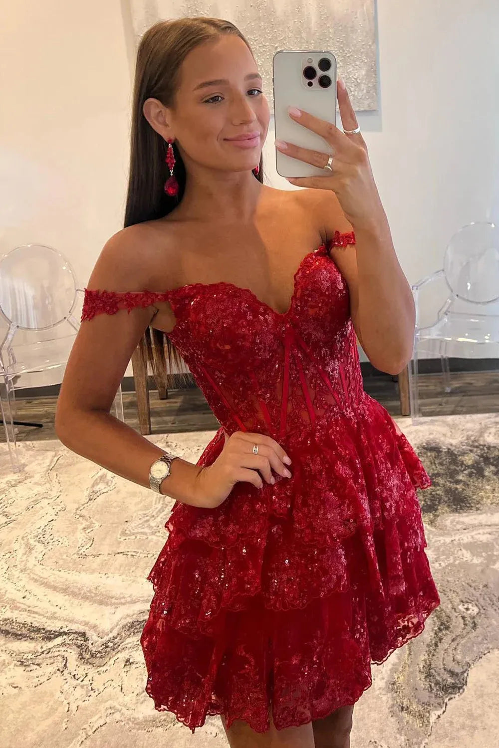Glitter Fuchsia Tiered A-Line Short Lace Homecoming Dress/Mini Dress