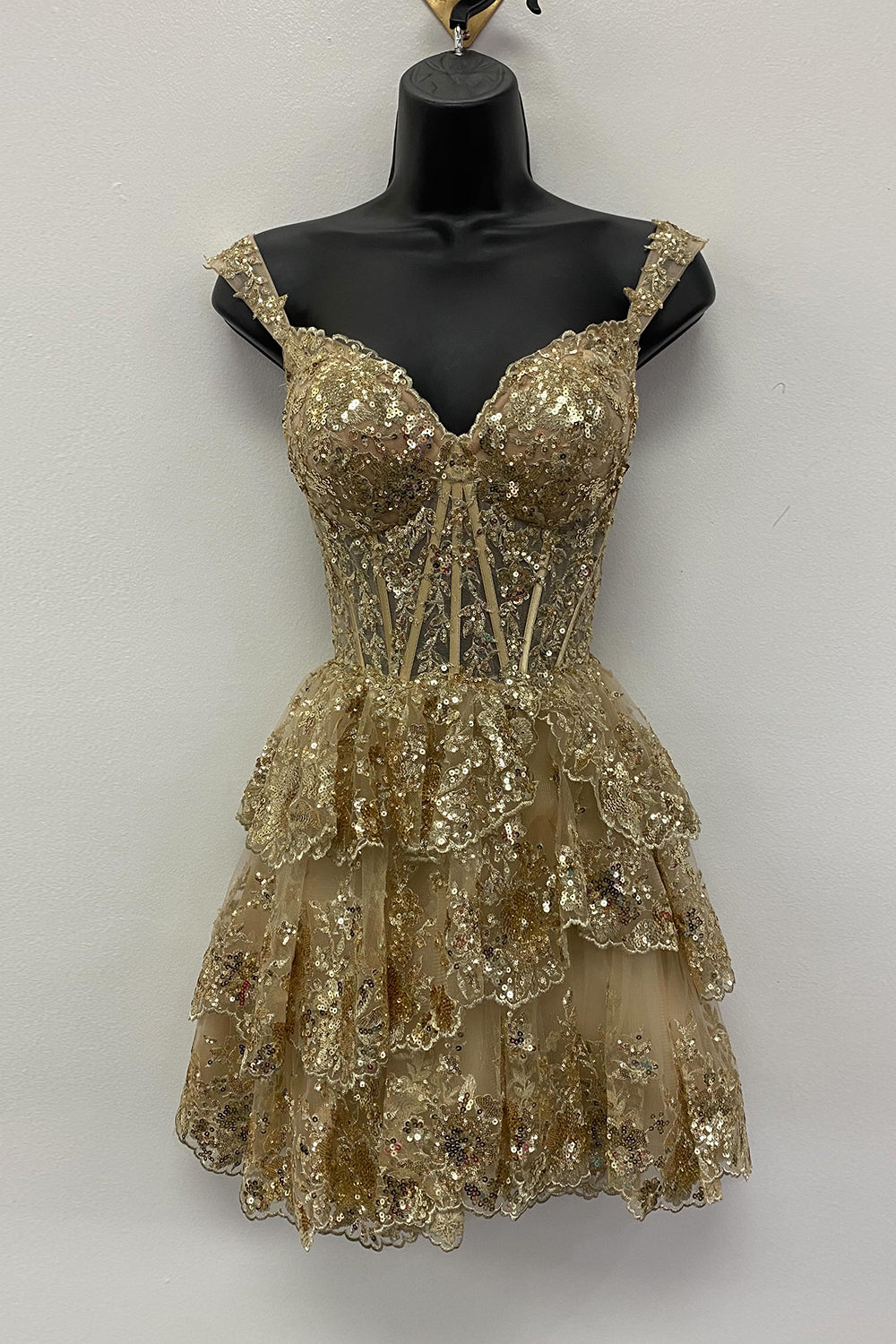 Sparkly Golden A-Line Tiered Lace Short Homecoming Dress/Mini Dress
