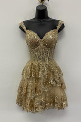 Sparkly Golden A-Line Tiered Lace Short Homecoming Dress/Mini Dress