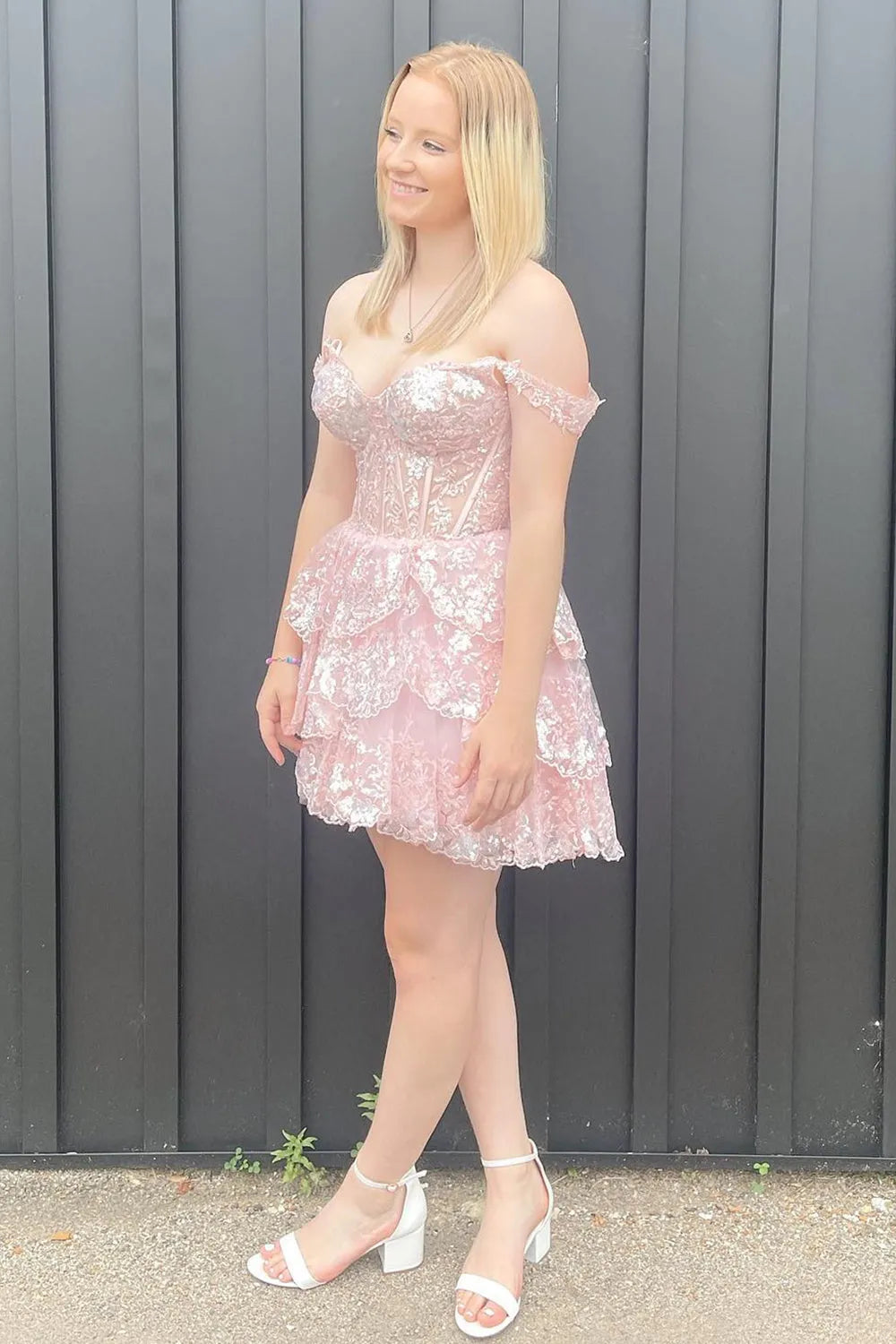 Sparkly Grey A-Line Tiered Lace Short Homecoming Dress/Mini Dress