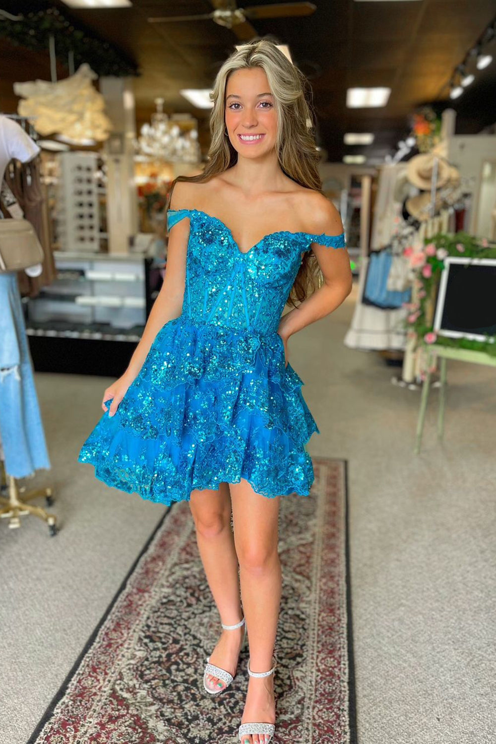 Sparkly Blue Corset Tiered Lace A-Line Short Homecoming Dress/Mini Dress