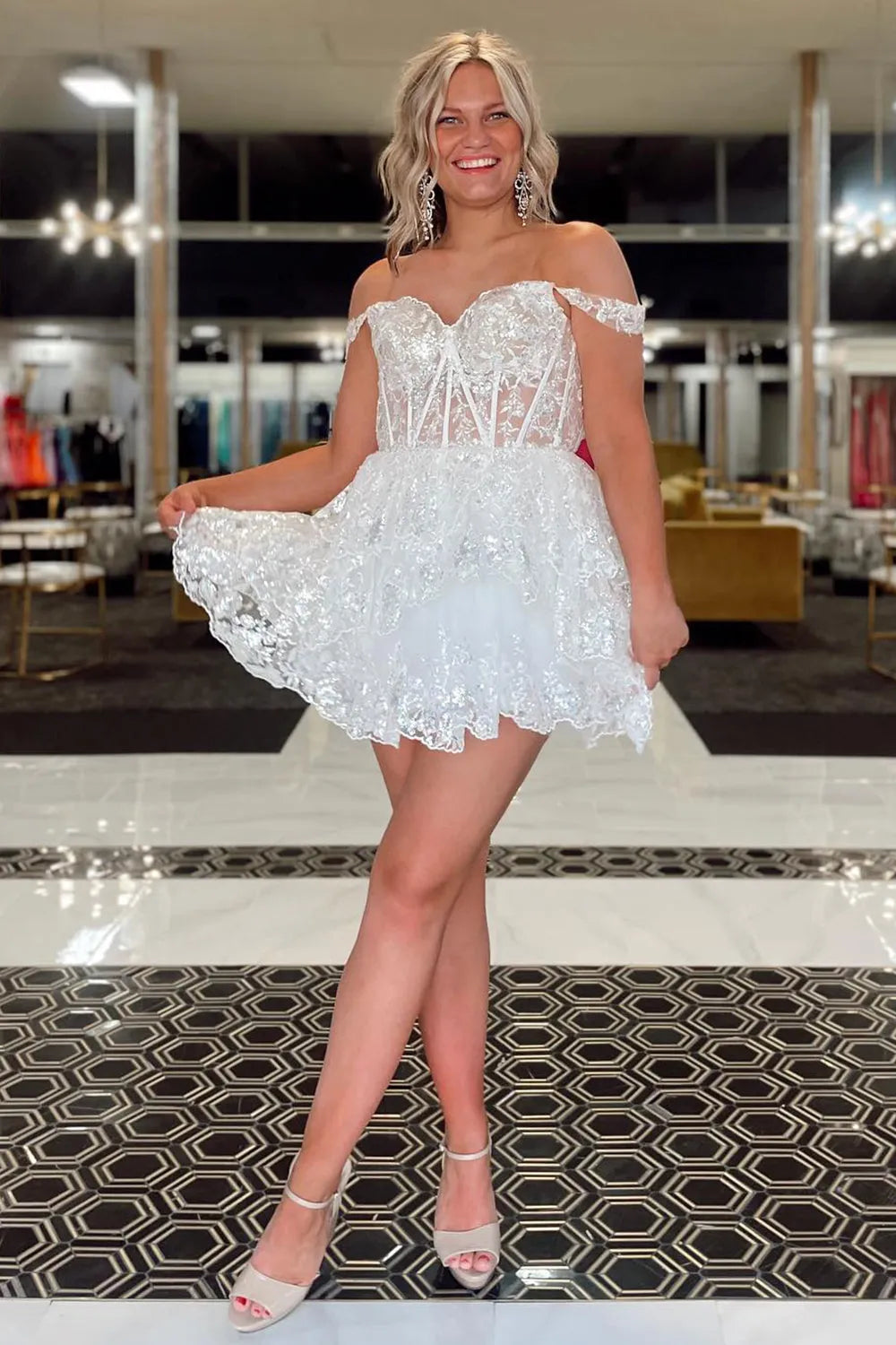 Sparkly Golden A-Line Tiered Lace Short Homecoming Dress/Mini Dress