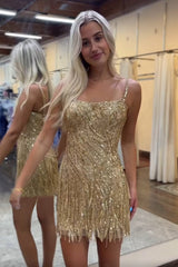 Sparkly Gold Spaghetti Straps Beaded Fringed Tight Short Hoco Dress