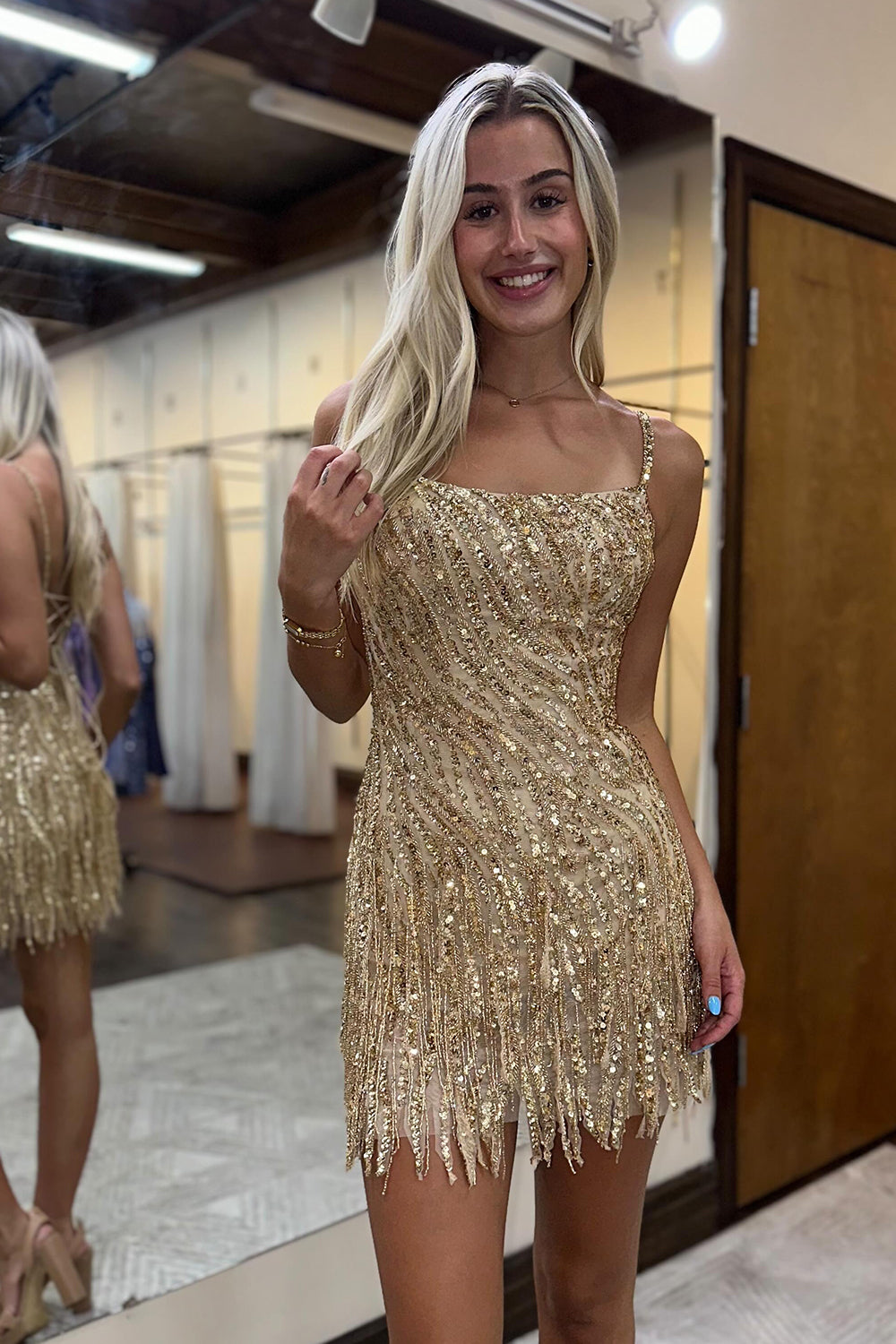 Golden Sparkle Spaghetti Strap Bodycon Mini Dress with Sequins and Tassel for Homecoming