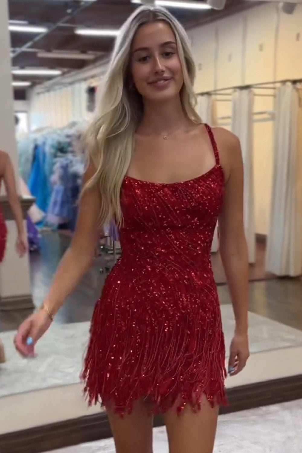 Glitter Fuchsia Fringed Beaded Tight Short Homecoming Dress/Mini Dress