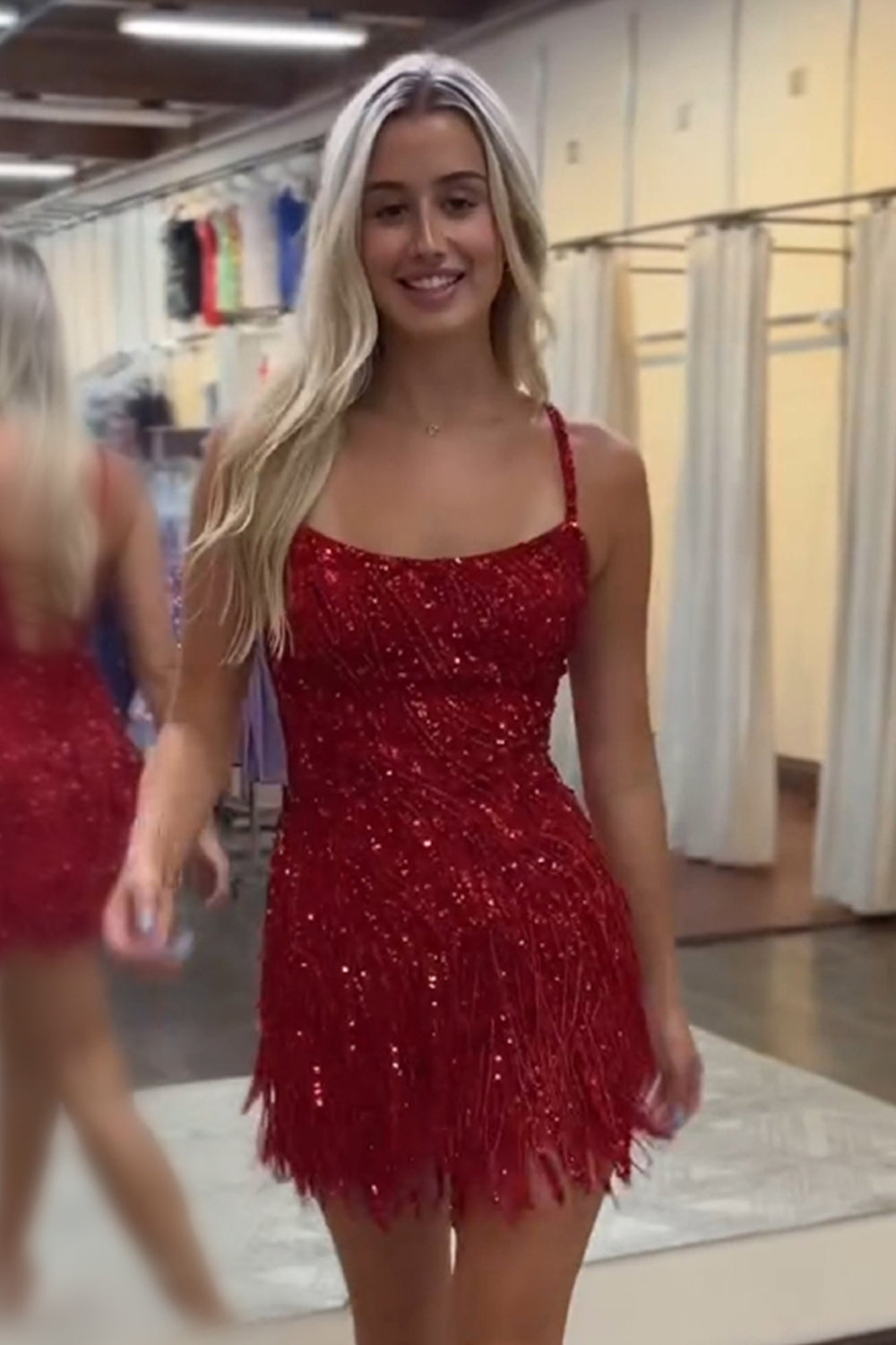 Glitter Fuchsia Fringed Beaded Tight Short Homecoming Dress/Mini Dress